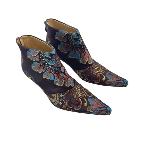 Rockwell Tharp Shoes - ROCKWELL THARP Signed Brocade Booties Chocolate Gold Turquoise Size 38